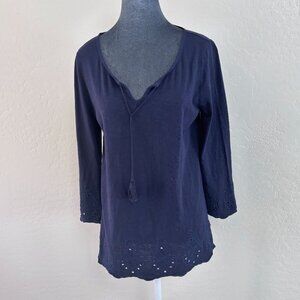Talbots 3/4 Sleeve Tunic w/Tassle Tie and Embroidered Hem & Cuff - Navy - Size S